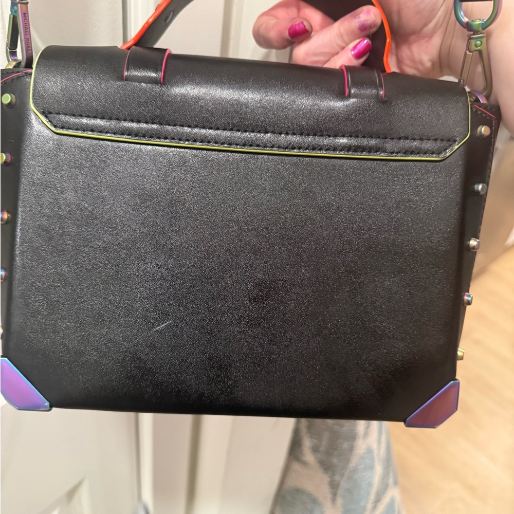 Rare Michael Kors Neon Trim Satchel Crossbody Black Leather Rainbow Hardware - Picture 3 of 6